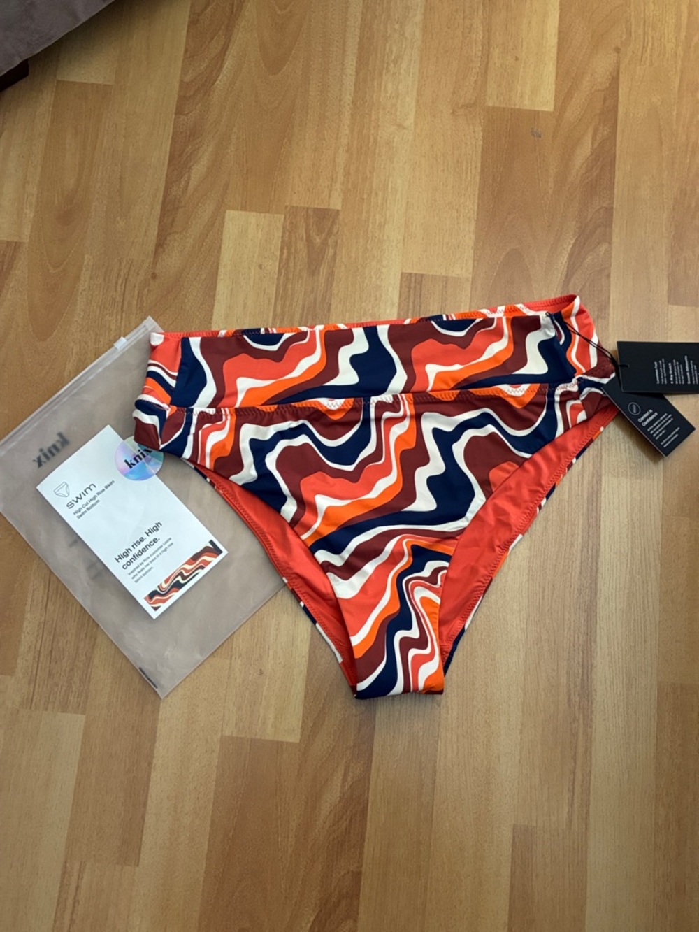 KNIX High-Waist Swimsuit Bottoms in Red, Orange & Navy Wave Print